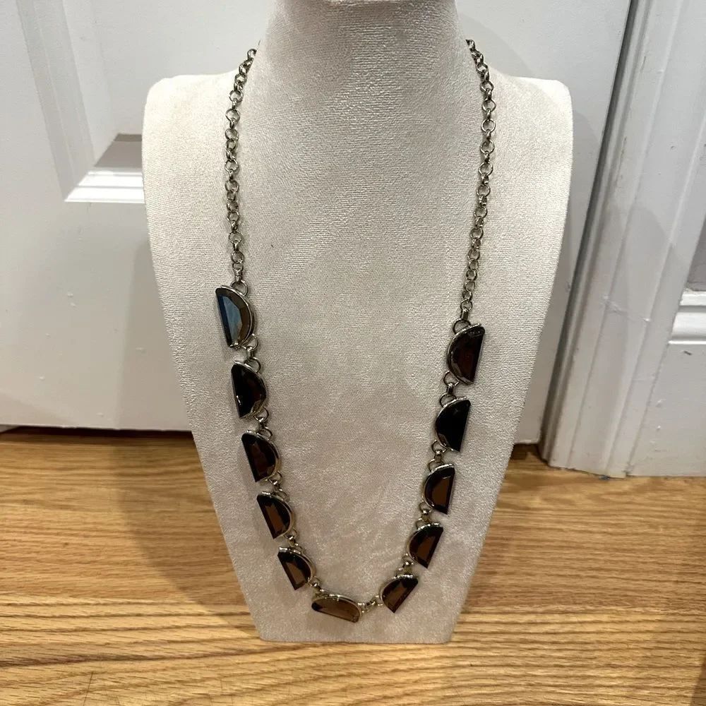 Cold Water Creek half circle brown gems gold long statement necklace